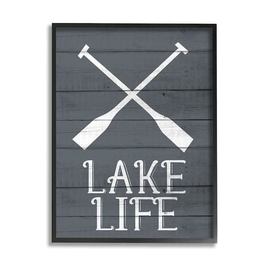 Stupell Industries Nautical Blue Lake Life Phrase Rustic Boat Oars Framed Wall Art